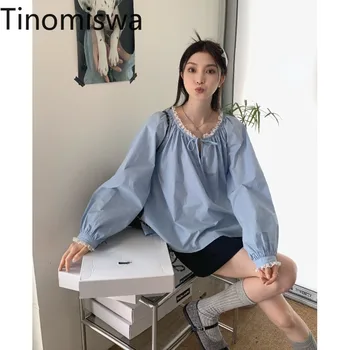 Tinomiswa תחרה טלאים מתוקים החולצה נשים O-צוואר תחבושת שרוול ארוך חולצות נשיות משוחררת מקרית פשוטה אופנה Blusas Mujer